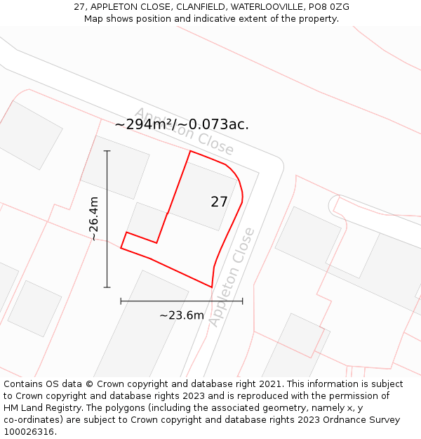 27, APPLETON CLOSE, CLANFIELD, WATERLOOVILLE, PO8 0ZG: Plot and title map