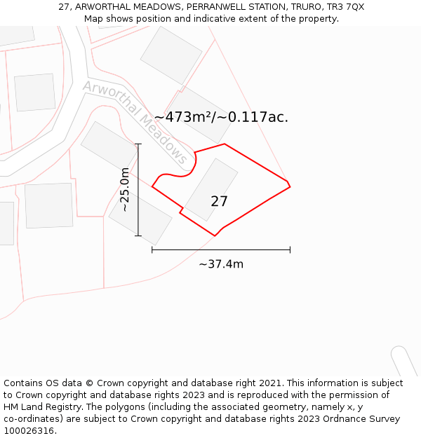 27, ARWORTHAL MEADOWS, PERRANWELL STATION, TRURO, TR3 7QX: Plot and title map