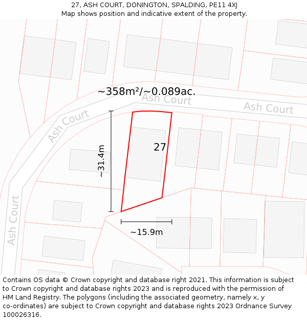 27, ASH COURT, DONINGTON, SPALDING, PE11 4XJ: Plot and title map