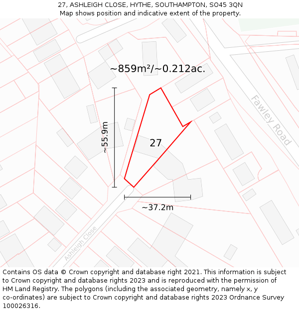 27, ASHLEIGH CLOSE, HYTHE, SOUTHAMPTON, SO45 3QN: Plot and title map