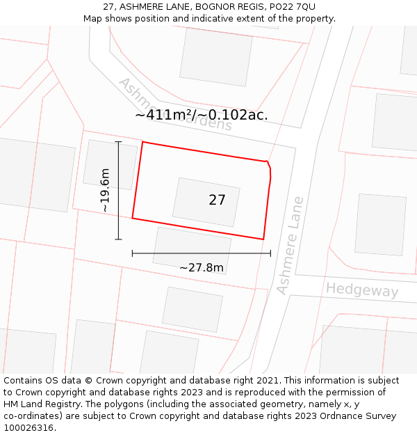 27, ASHMERE LANE, BOGNOR REGIS, PO22 7QU: Plot and title map