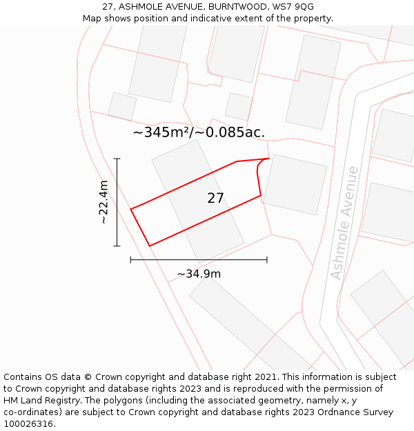 27, ASHMOLE AVENUE, BURNTWOOD, WS7 9QG: Plot and title map