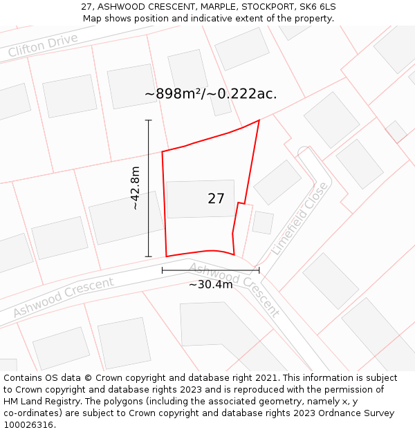 27, ASHWOOD CRESCENT, MARPLE, STOCKPORT, SK6 6LS: Plot and title map