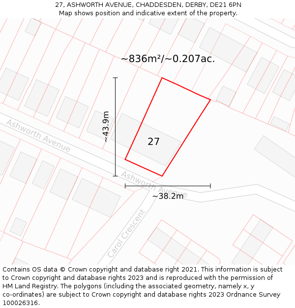 27, ASHWORTH AVENUE, CHADDESDEN, DERBY, DE21 6PN: Plot and title map