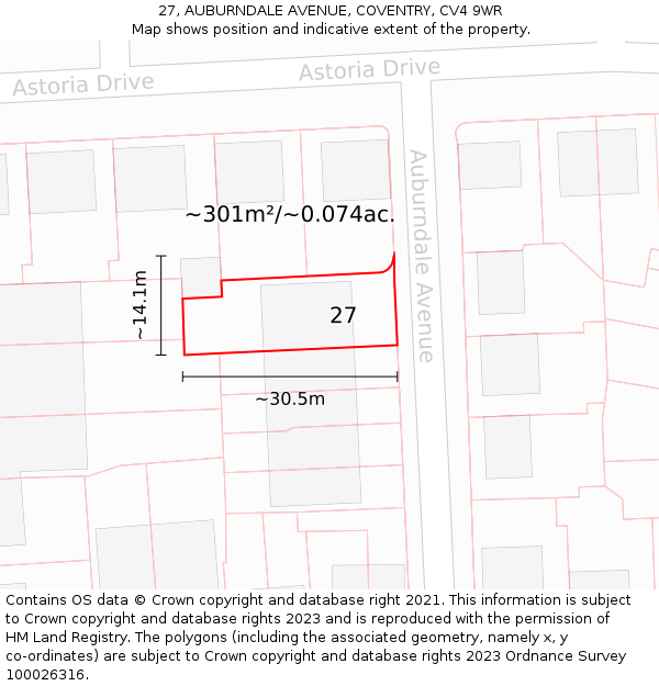 27, AUBURNDALE AVENUE, COVENTRY, CV4 9WR: Plot and title map