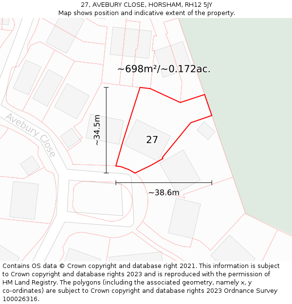 27, AVEBURY CLOSE, HORSHAM, RH12 5JY: Plot and title map