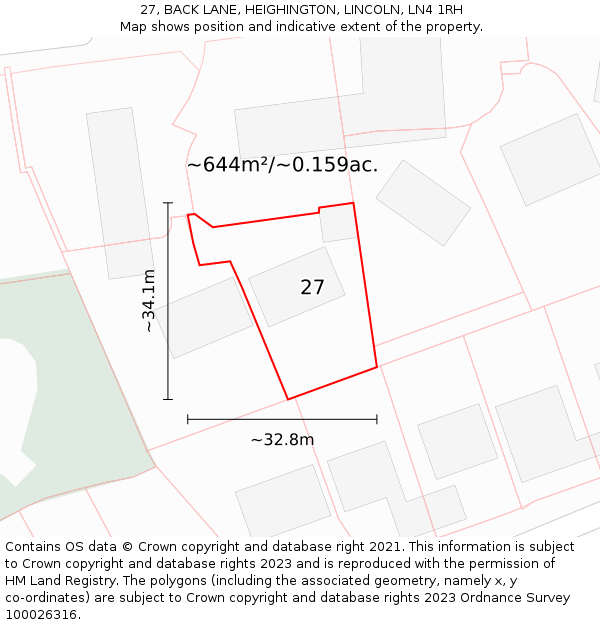 27, BACK LANE, HEIGHINGTON, LINCOLN, LN4 1RH: Plot and title map