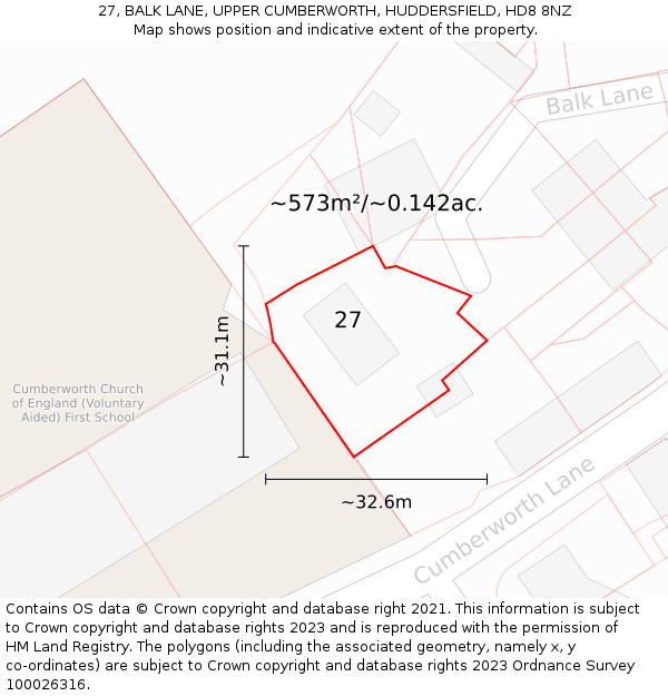 27, BALK LANE, UPPER CUMBERWORTH, HUDDERSFIELD, HD8 8NZ: Plot and title map