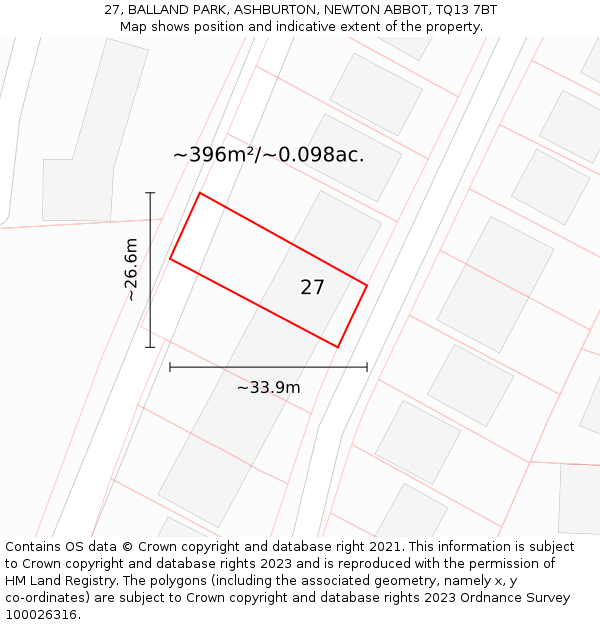 27, BALLAND PARK, ASHBURTON, NEWTON ABBOT, TQ13 7BT: Plot and title map