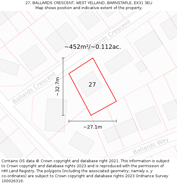 27, BALLARDS CRESCENT, WEST YELLAND, BARNSTAPLE, EX31 3EU: Plot and title map