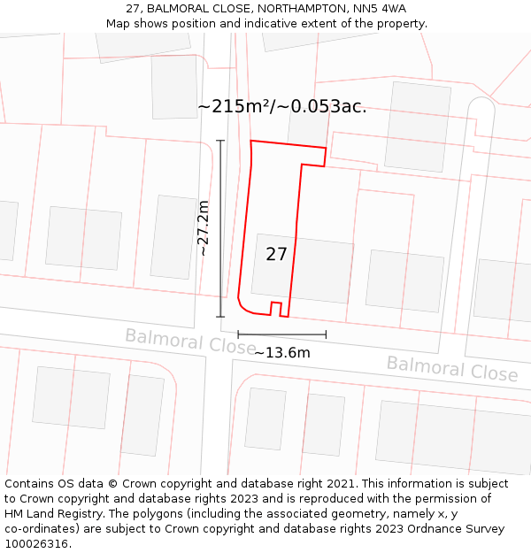 27, BALMORAL CLOSE, NORTHAMPTON, NN5 4WA: Plot and title map