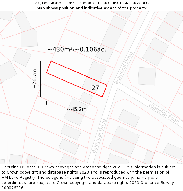 27, BALMORAL DRIVE, BRAMCOTE, NOTTINGHAM, NG9 3FU: Plot and title map