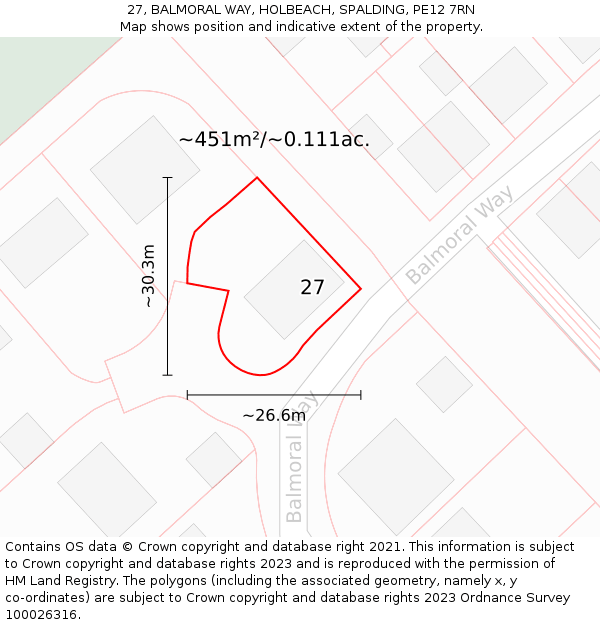 27, BALMORAL WAY, HOLBEACH, SPALDING, PE12 7RN: Plot and title map