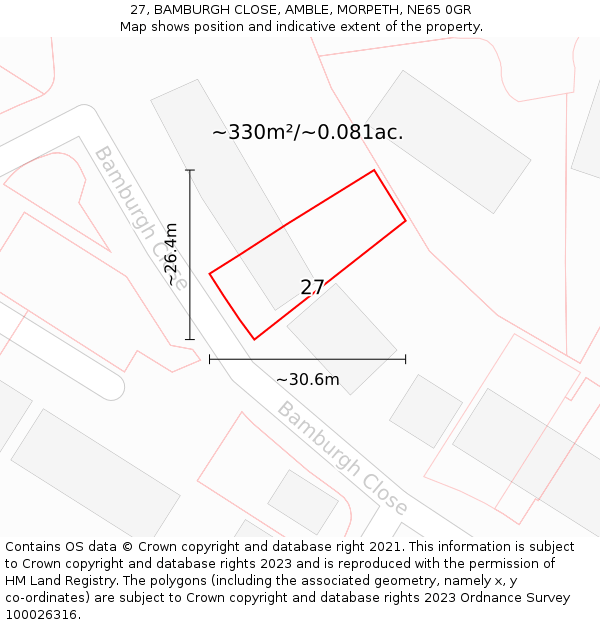 27, BAMBURGH CLOSE, AMBLE, MORPETH, NE65 0GR: Plot and title map