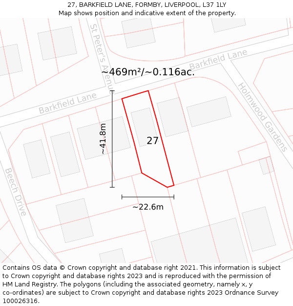 27, BARKFIELD LANE, FORMBY, LIVERPOOL, L37 1LY: Plot and title map