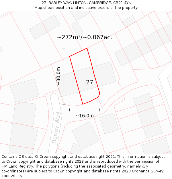 27, BARLEY WAY, LINTON, CAMBRIDGE, CB21 4YN: Plot and title map