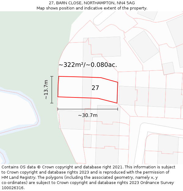 27, BARN CLOSE, NORTHAMPTON, NN4 5AG: Plot and title map