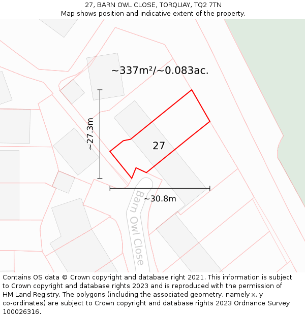 27, BARN OWL CLOSE, TORQUAY, TQ2 7TN: Plot and title map