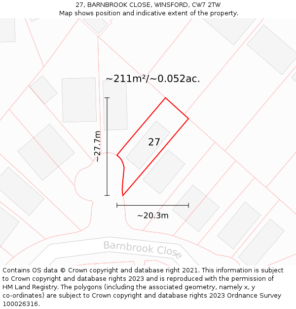 27, BARNBROOK CLOSE, WINSFORD, CW7 2TW: Plot and title map