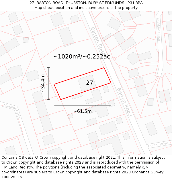 27, BARTON ROAD, THURSTON, BURY ST EDMUNDS, IP31 3PA: Plot and title map