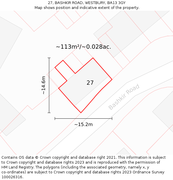 27, BASHKIR ROAD, WESTBURY, BA13 3GY: Plot and title map