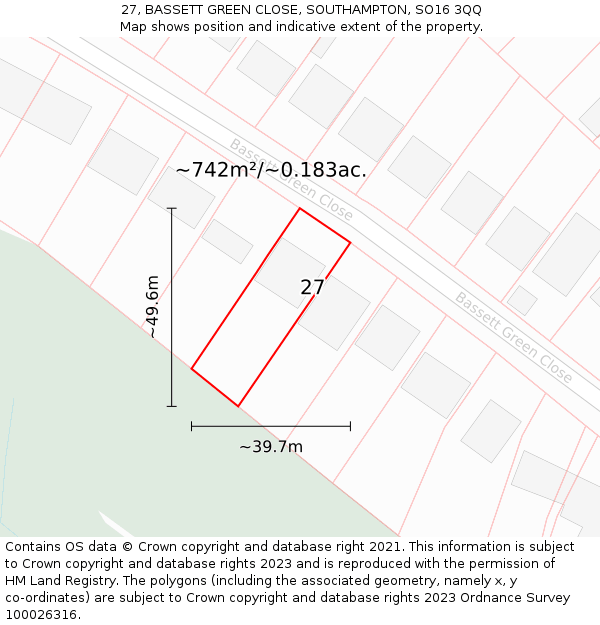 27, BASSETT GREEN CLOSE, SOUTHAMPTON, SO16 3QQ: Plot and title map