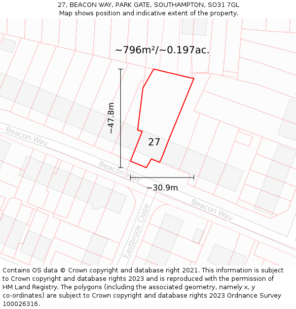 27, BEACON WAY, PARK GATE, SOUTHAMPTON, SO31 7GL: Plot and title map