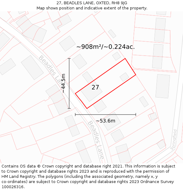 27, BEADLES LANE, OXTED, RH8 9JG: Plot and title map