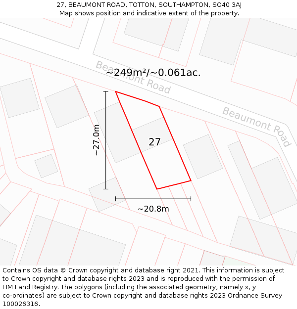 27, BEAUMONT ROAD, TOTTON, SOUTHAMPTON, SO40 3AJ: Plot and title map