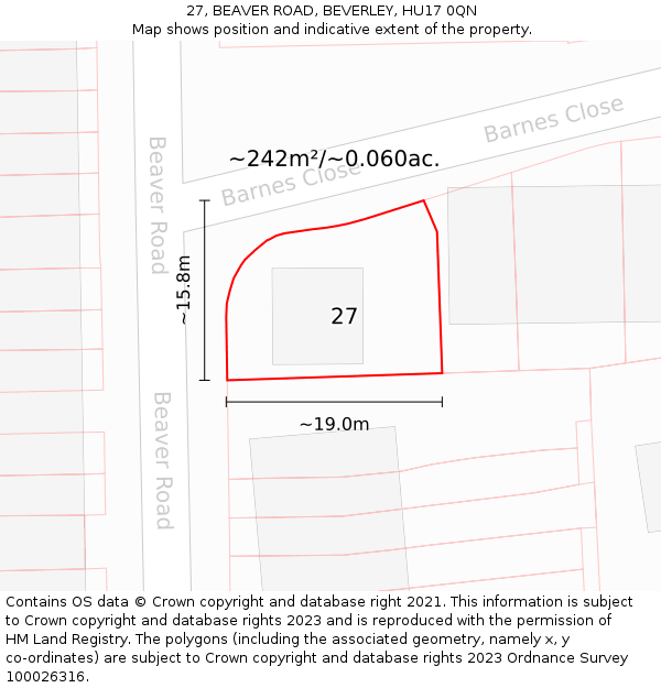 27, BEAVER ROAD, BEVERLEY, HU17 0QN: Plot and title map