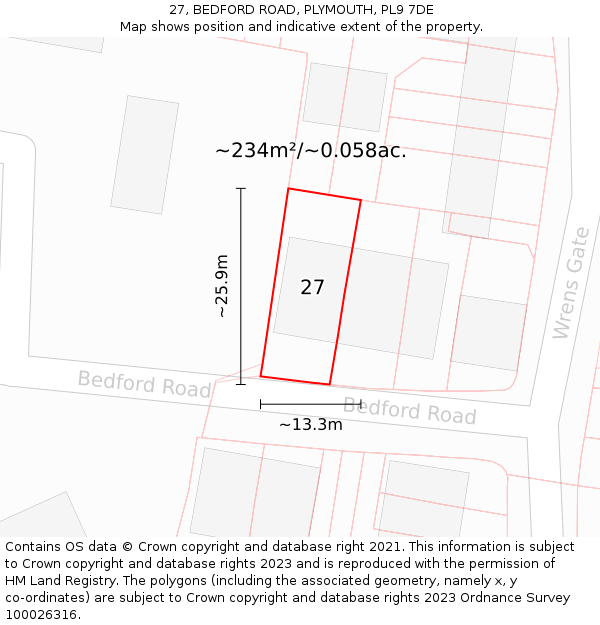 27, BEDFORD ROAD, PLYMOUTH, PL9 7DE: Plot and title map