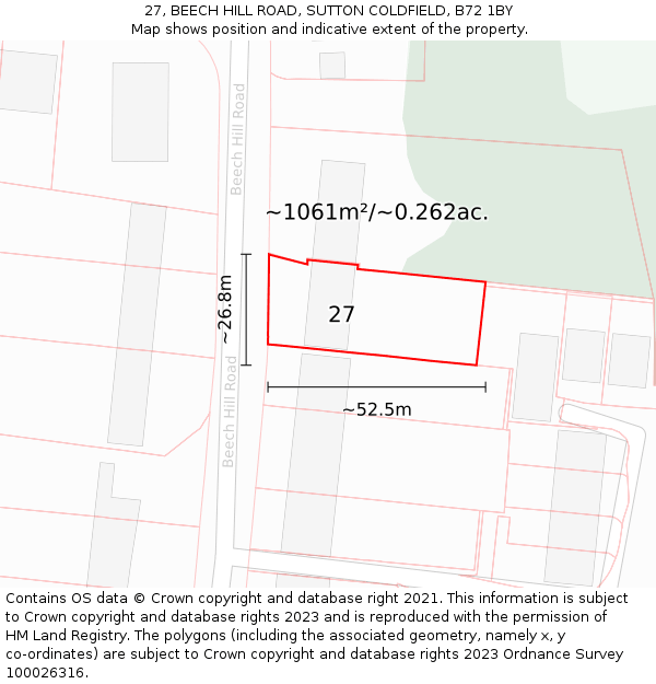 27, BEECH HILL ROAD, SUTTON COLDFIELD, B72 1BY: Plot and title map