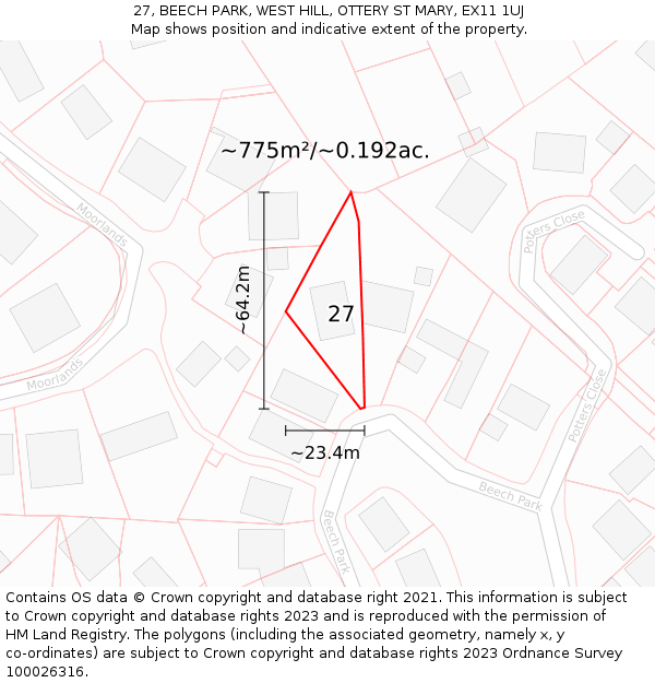 27, BEECH PARK, WEST HILL, OTTERY ST MARY, EX11 1UJ: Plot and title map