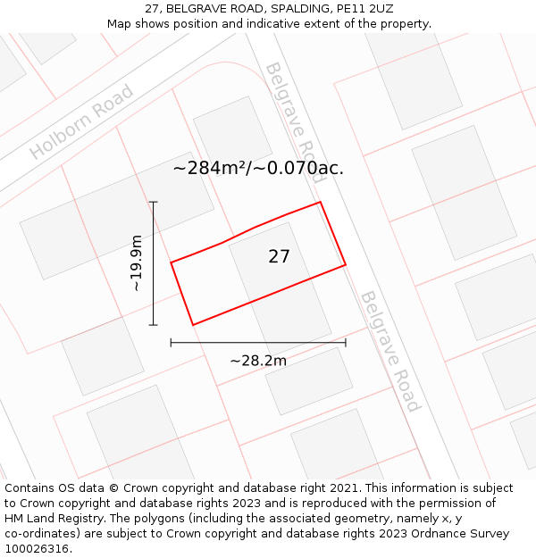 27, BELGRAVE ROAD, SPALDING, PE11 2UZ: Plot and title map