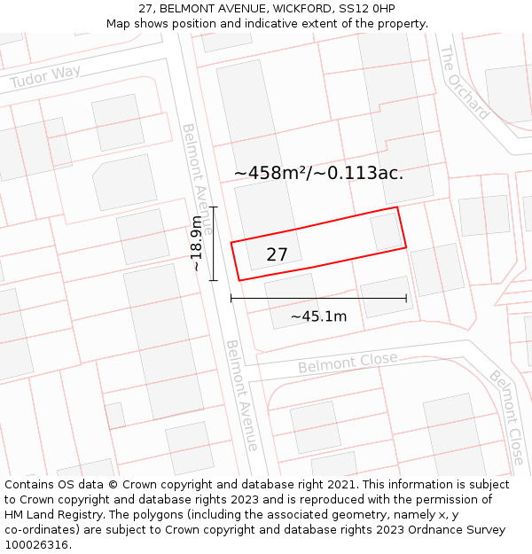 27, BELMONT AVENUE, WICKFORD, SS12 0HP: Plot and title map