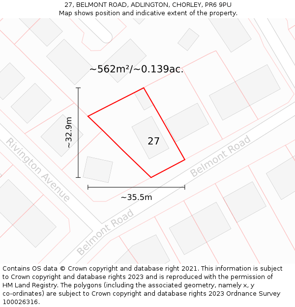 27, BELMONT ROAD, ADLINGTON, CHORLEY, PR6 9PU: Plot and title map