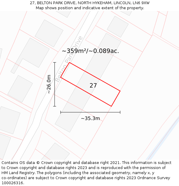 27, BELTON PARK DRIVE, NORTH HYKEHAM, LINCOLN, LN6 9XW: Plot and title map