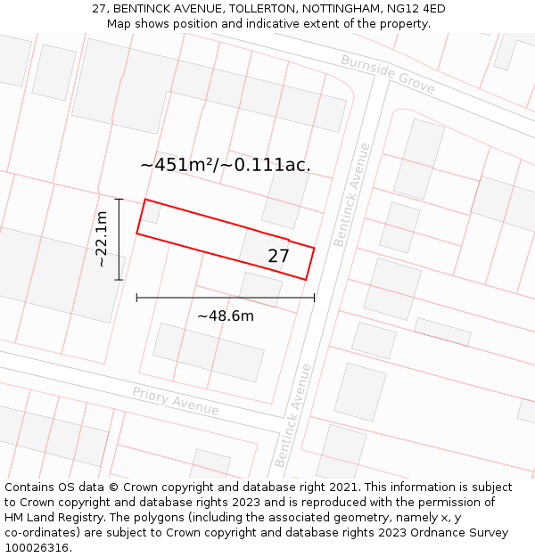 27, BENTINCK AVENUE, TOLLERTON, NOTTINGHAM, NG12 4ED: Plot and title map