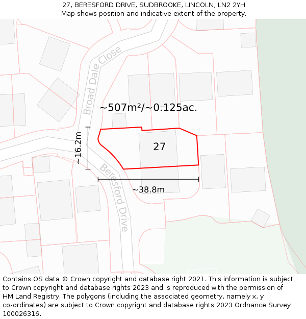 27, BERESFORD DRIVE, SUDBROOKE, LINCOLN, LN2 2YH: Plot and title map