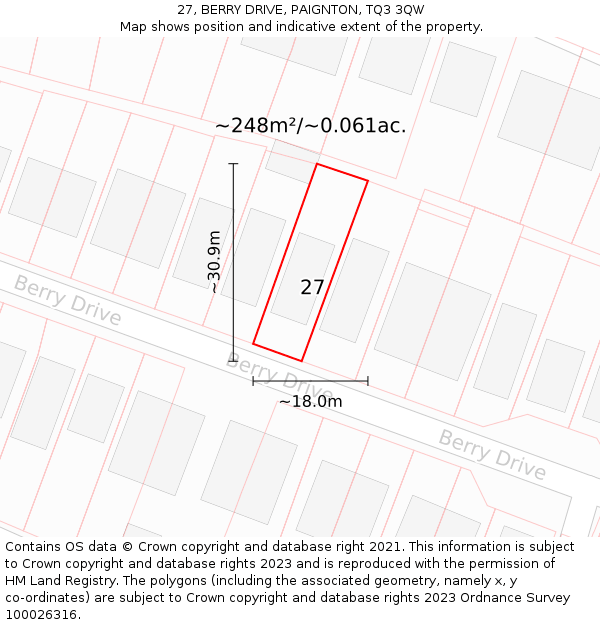 27, BERRY DRIVE, PAIGNTON, TQ3 3QW: Plot and title map