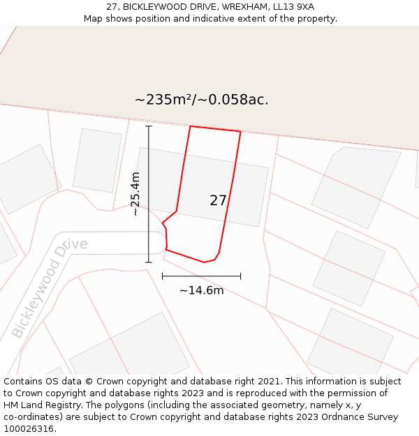 27, BICKLEYWOOD DRIVE, WREXHAM, LL13 9XA: Plot and title map