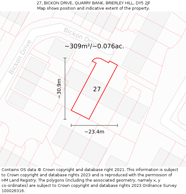 27, BICKON DRIVE, QUARRY BANK, BRIERLEY HILL, DY5 2JF: Plot and title map