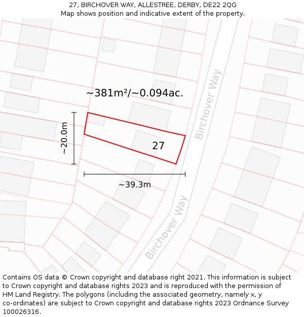 27, BIRCHOVER WAY, ALLESTREE, DERBY, DE22 2QG: Plot and title map