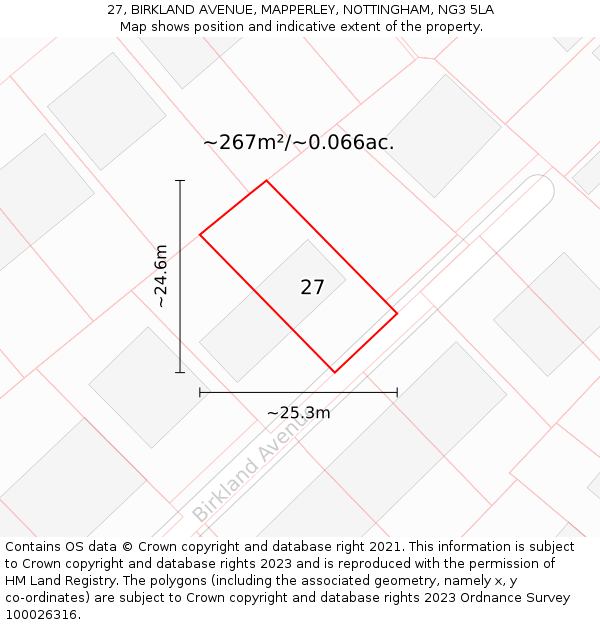 27, BIRKLAND AVENUE, MAPPERLEY, NOTTINGHAM, NG3 5LA: Plot and title map