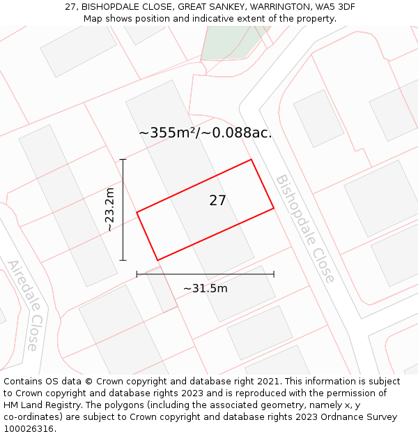 27, BISHOPDALE CLOSE, GREAT SANKEY, WARRINGTON, WA5 3DF: Plot and title map