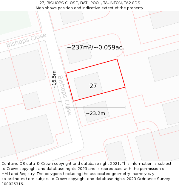 27, BISHOPS CLOSE, BATHPOOL, TAUNTON, TA2 8DS: Plot and title map