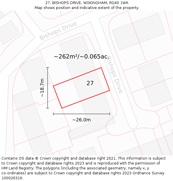 27, BISHOPS DRIVE, WOKINGHAM, RG40 1WA: Plot and title map