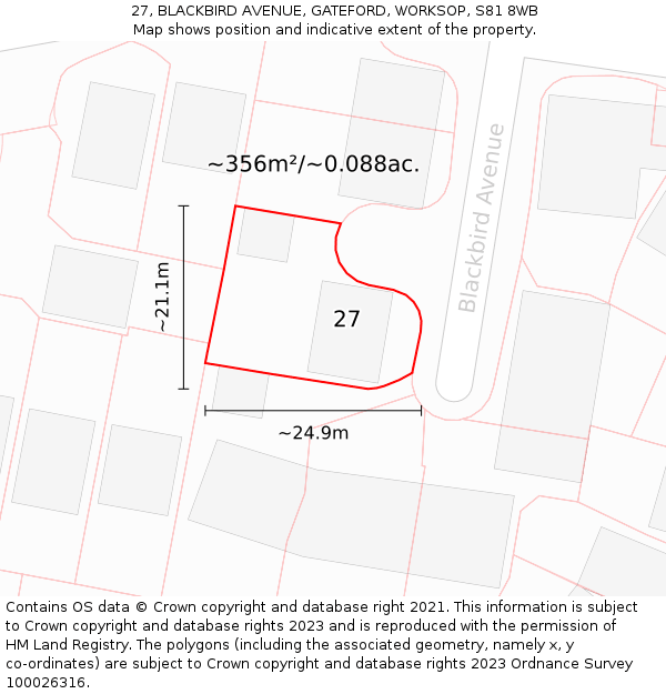 27, BLACKBIRD AVENUE, GATEFORD, WORKSOP, S81 8WB: Plot and title map