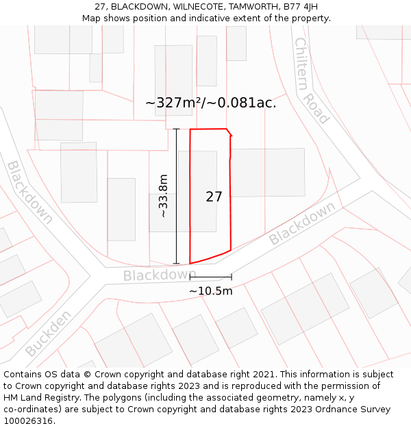 27, BLACKDOWN, WILNECOTE, TAMWORTH, B77 4JH: Plot and title map