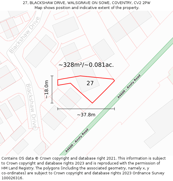 27, BLACKSHAW DRIVE, WALSGRAVE ON SOWE, COVENTRY, CV2 2PW: Plot and title map